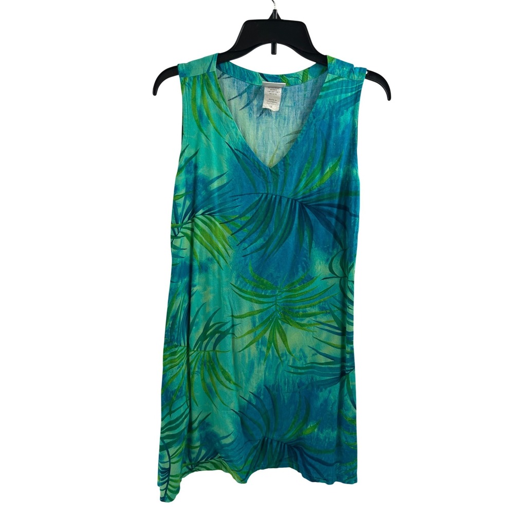Peppermint Bay Shift Dress S Blue Green Tropical Palm Leaf Rayon Women